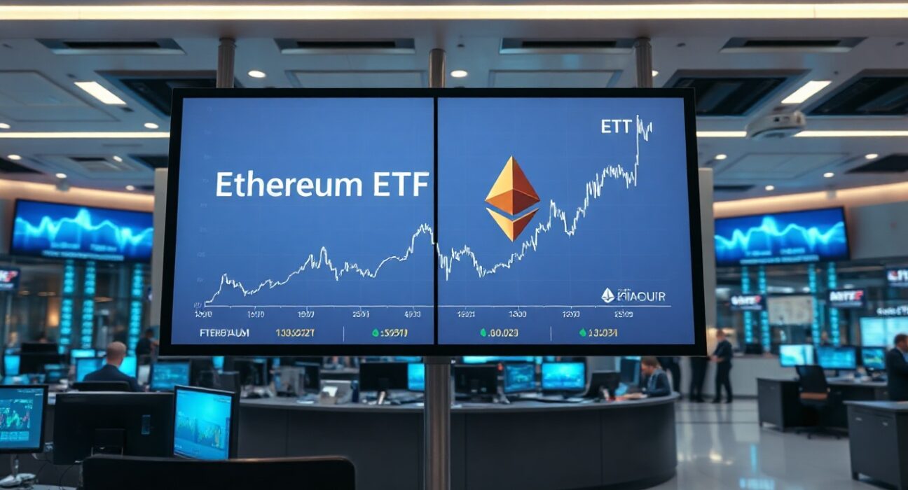 Trading floor display showing flat Ethereum ETF flows on a screen
