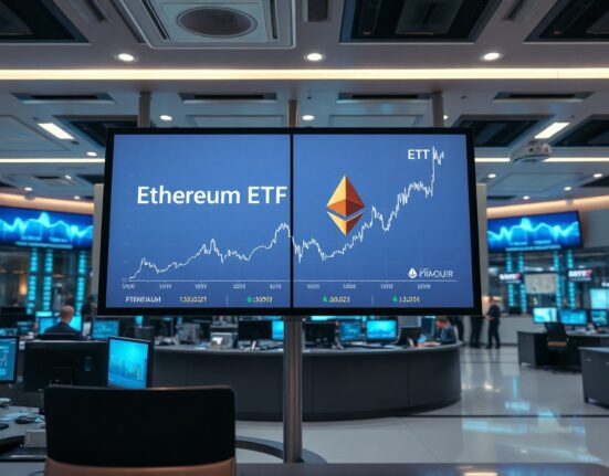 Trading floor display showing flat Ethereum ETF flows on a screen