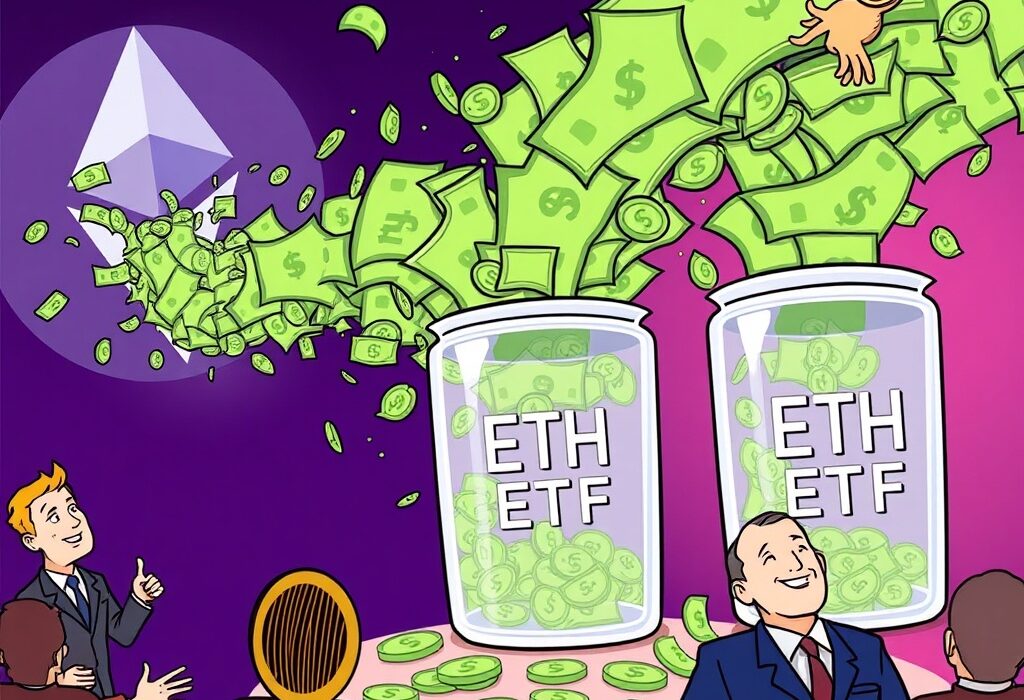 Cartoon showing a large influx of investment money flowing into Spot Ethereum ETFs, symbolizing significant market interest.