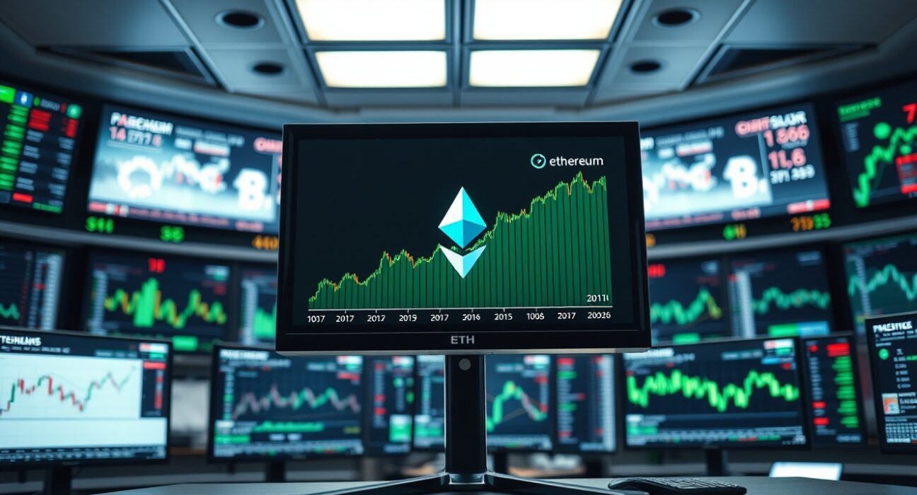 Trading desk monitors showing Ethereum price chart with green uptrend
