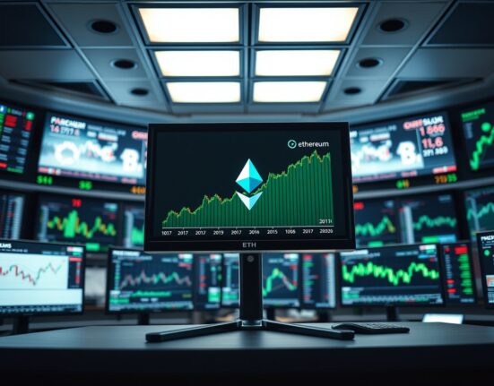 Trading desk monitors showing Ethereum price chart with green uptrend