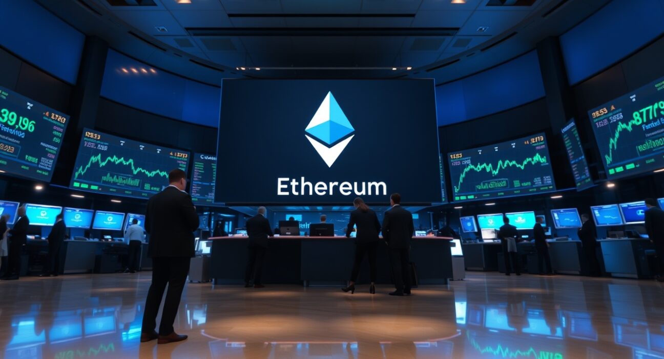Financial trading floor with screens showing Ethereum price and ETF inflow data