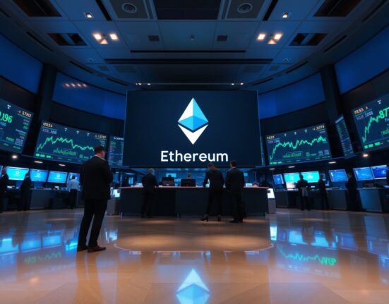 Financial trading floor with screens showing Ethereum price and ETF inflow data