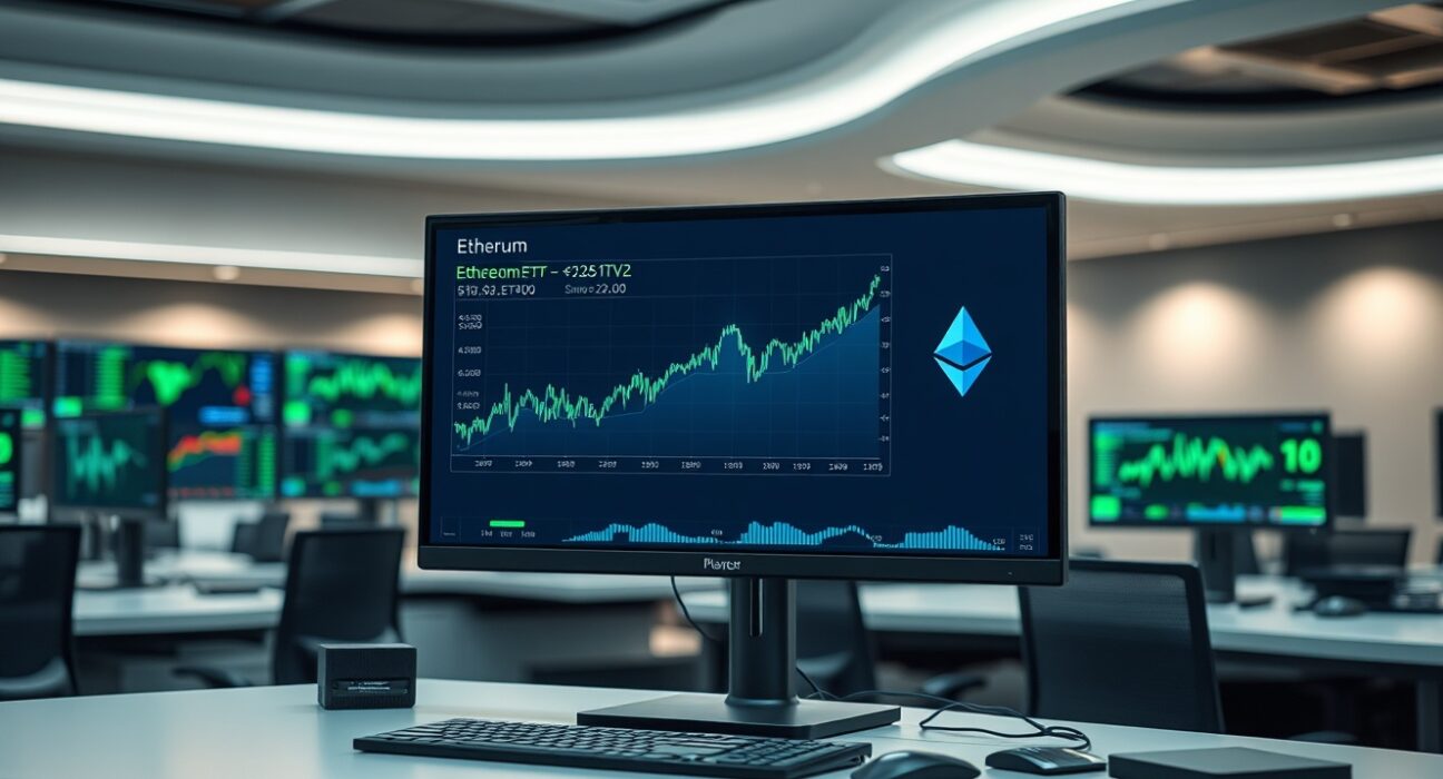 Trading desk monitors showing Ethereum price charts and ETF data in a professional newsroom setting