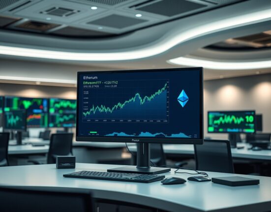 Trading desk monitors showing Ethereum price charts and ETF data in a professional newsroom setting