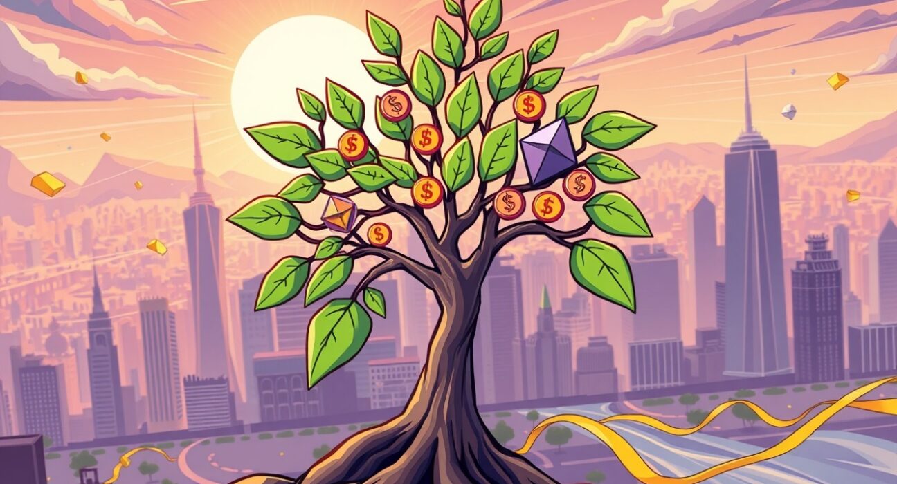 A cartoon illustration showing the significant growth and positive impact of Spot Ethereum ETFs on the market, with money flowing in.