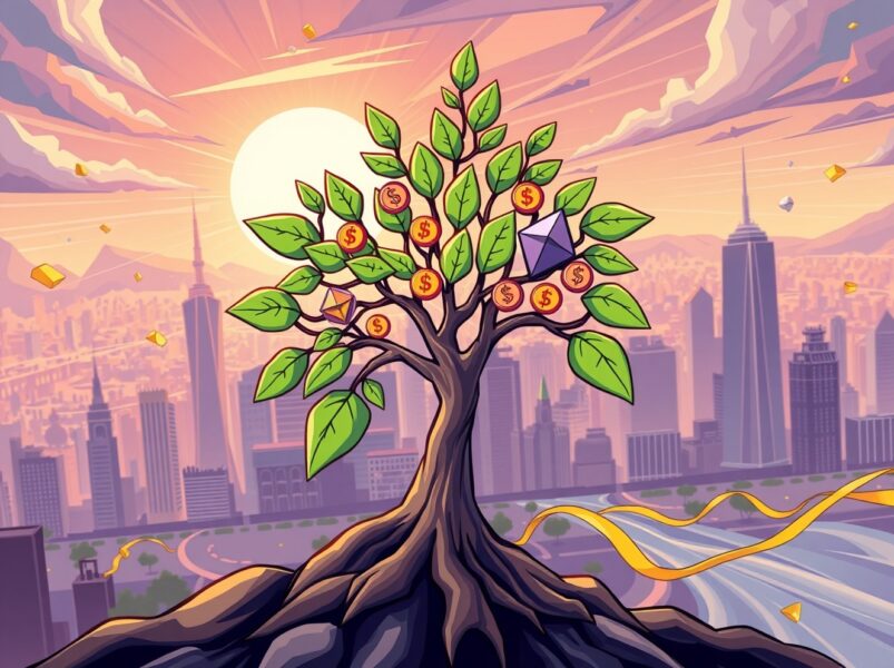 Growing spot Ethereum ETFs investment tree with flowing cryptocurrency streams