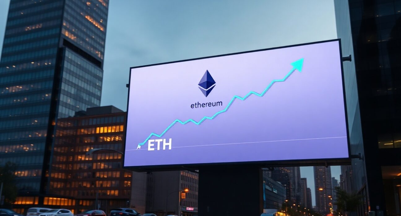 Ethereum ETF inflows chart on a digital display in a financial district