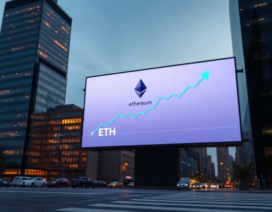 Ethereum ETF inflows chart on a digital display in a financial district