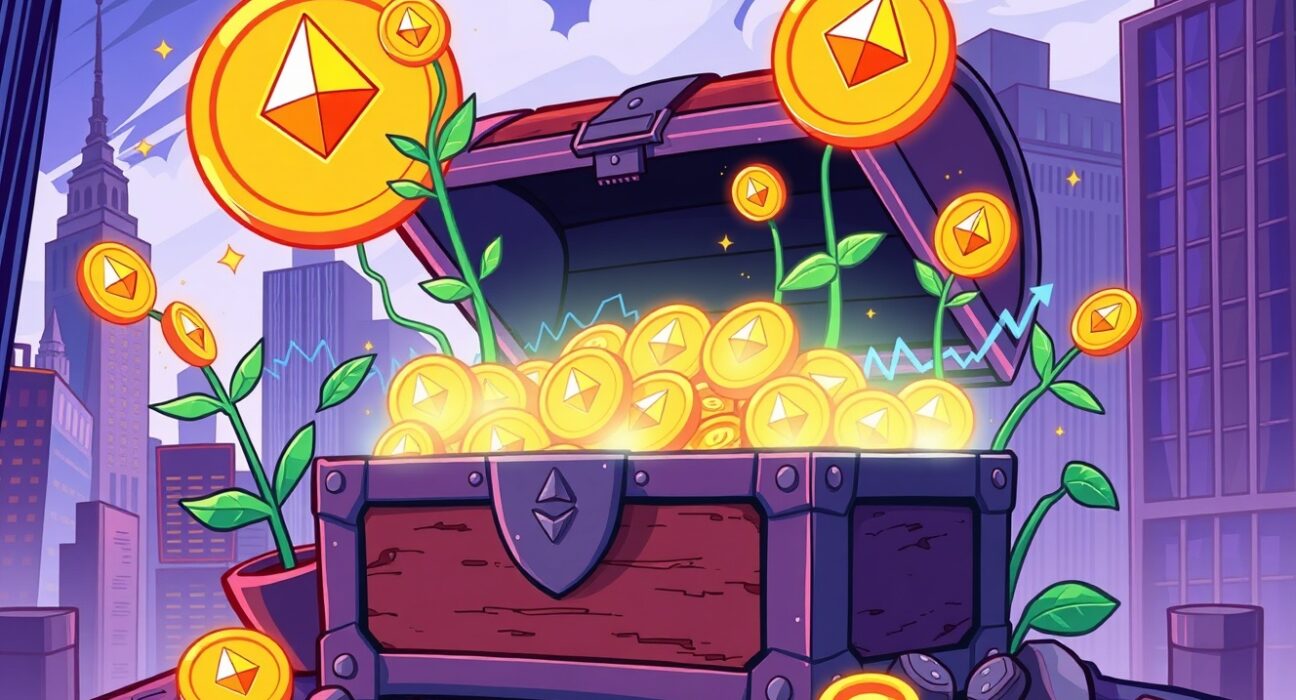 A vibrant illustration showing powerful institutional momentum for spot Ethereum ETFs as digital assets flow into a growing vault.