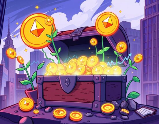 A vibrant illustration showing powerful institutional momentum for spot Ethereum ETFs as digital assets flow into a growing vault.