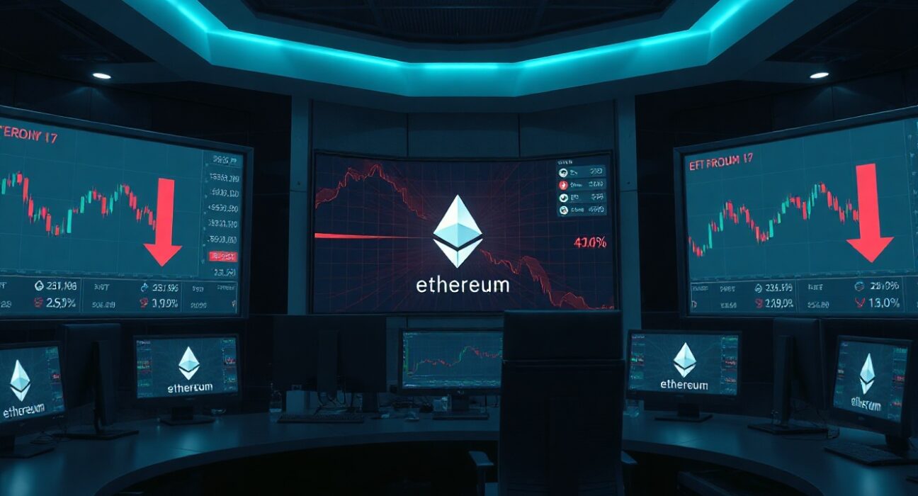 Financial trading screens showing Ethereum price charts and ETF outflow data with red indicators