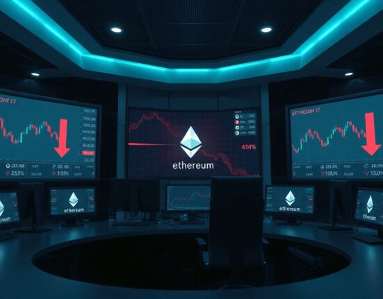 Financial trading screens showing Ethereum price charts and ETF outflow data with red indicators