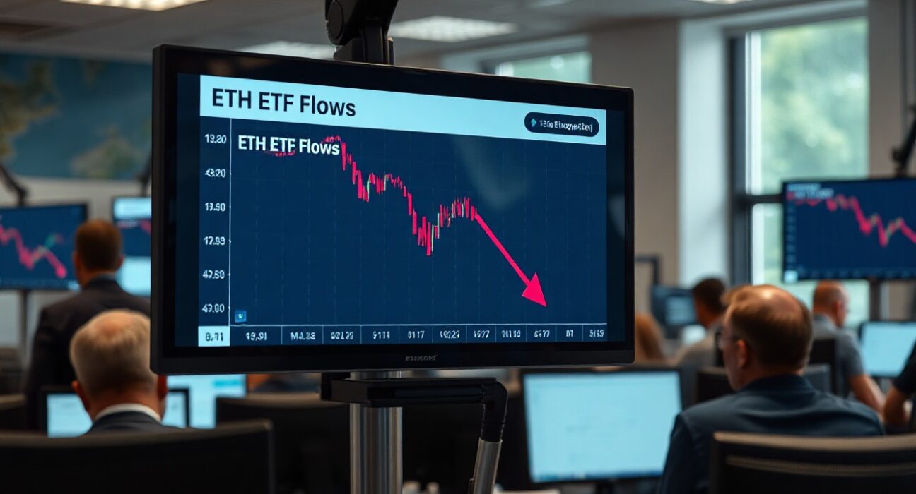 Digital screen showing a declining Ethereum ETF flow chart in a financial newsroom