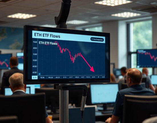 Digital screen showing a declining Ethereum ETF flow chart in a financial newsroom