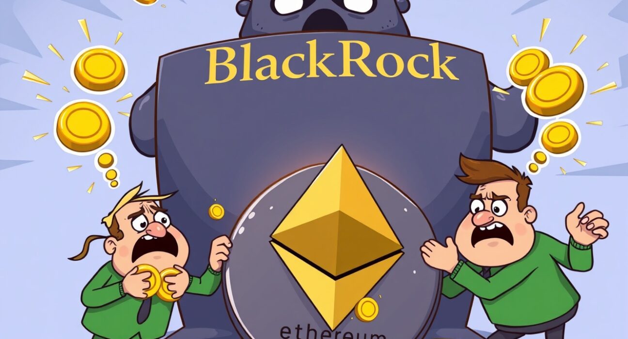 Cartoon illustration showing Spot Ethereum ETFs experiencing significant outflows, symbolizing recent market trends.