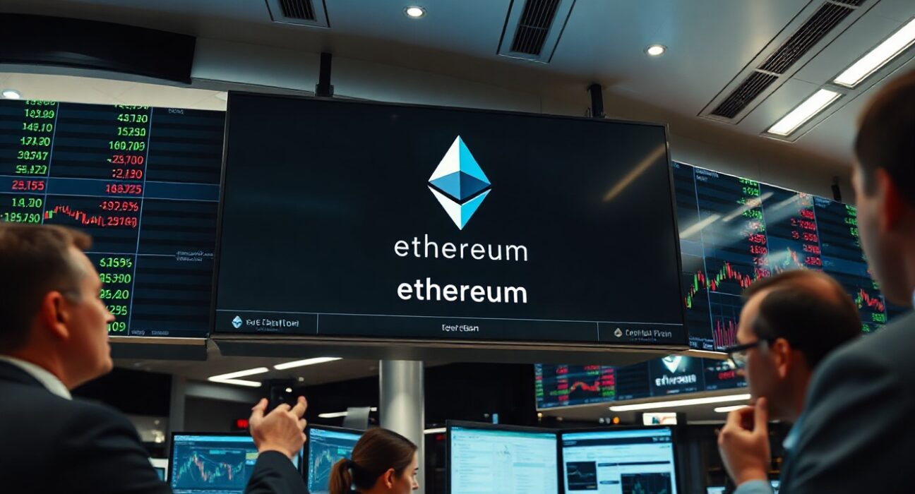 Financial traders monitoring Ethereum price charts on digital screens in a modern trading floor setting.