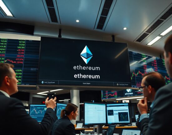 Financial traders monitoring Ethereum price charts on digital screens in a modern trading floor setting.