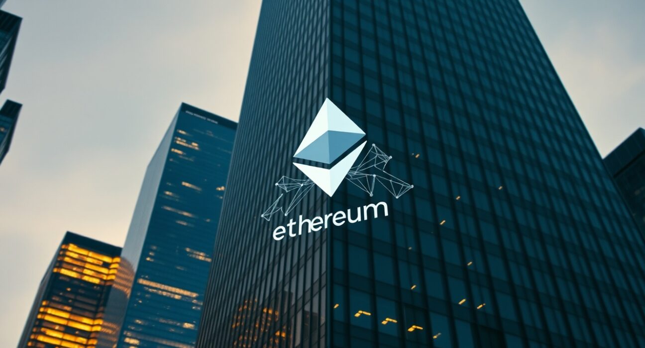 A modern skyscraper in a financial district with a digital overlay of the Ethereum logo on a glass window at dusk.