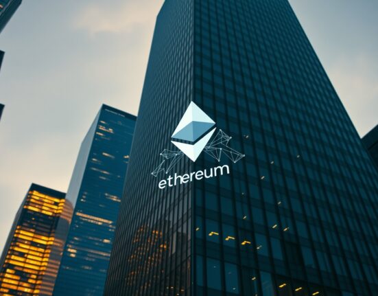A modern skyscraper in a financial district with a digital overlay of the Ethereum logo on a glass window at dusk.