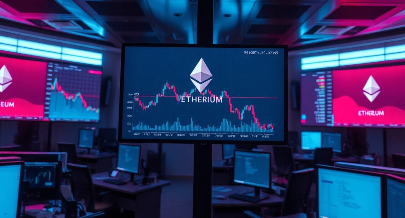 Trading floor monitors display declining Ethereum price charts amid persistent ETF outflows