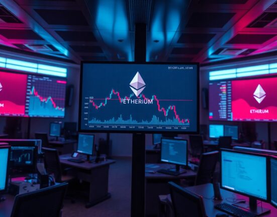 Trading floor monitors display declining Ethereum price charts amid persistent ETF outflows