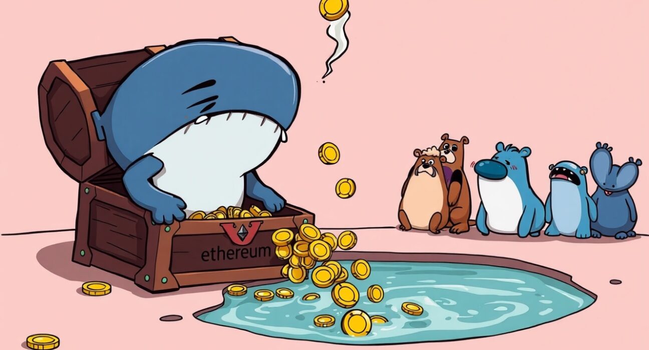 Cartoon illustration showing capital flowing out of spot Ethereum ETFs as investors withdraw funds