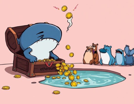 Cartoon illustration showing capital flowing out of spot Ethereum ETFs as investors withdraw funds