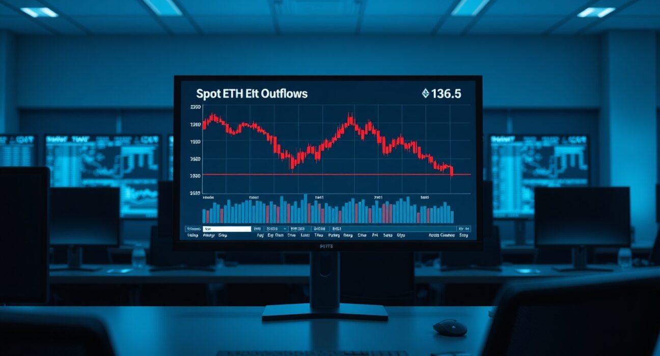 Digital trading screen showing Ethereum price chart with red candlesticks indicating ETF outflows