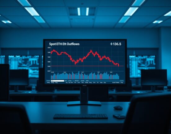 Digital trading screen showing Ethereum price chart with red candlesticks indicating ETF outflows
