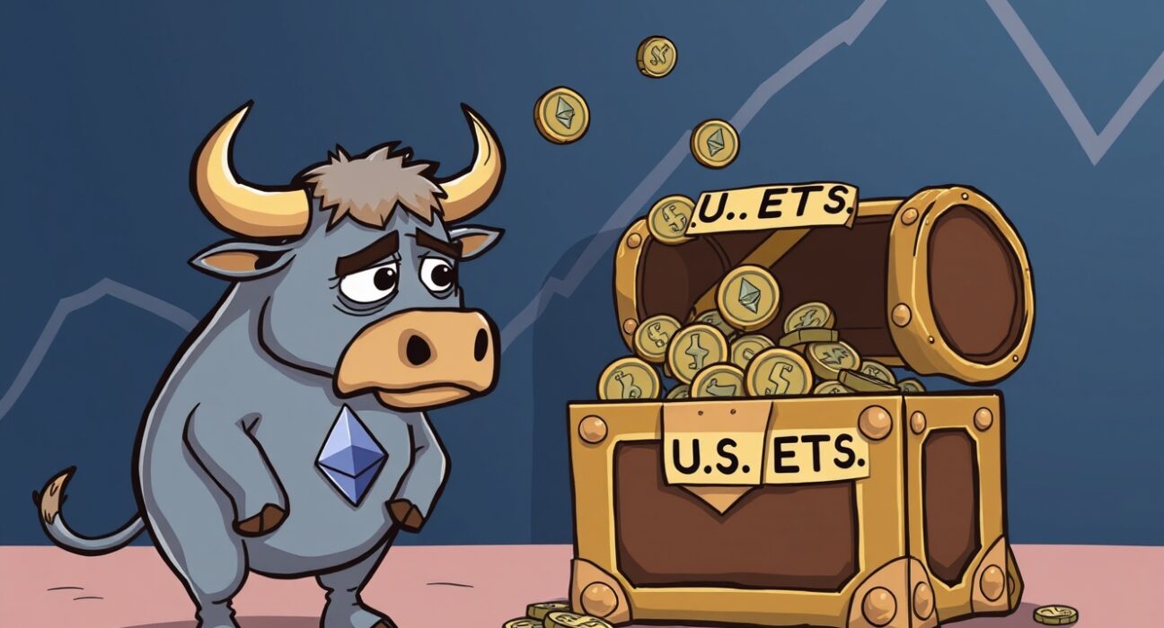 Cartoon illustration showing spot Ethereum ETFs experiencing a concerning outflow of digital assets.