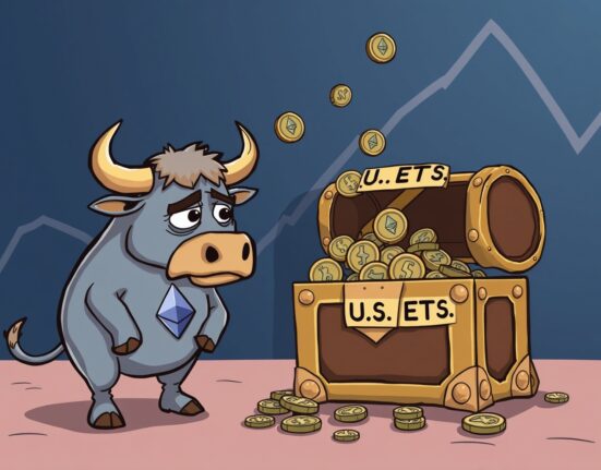 Cartoon illustration showing spot Ethereum ETFs experiencing a concerning outflow of digital assets.