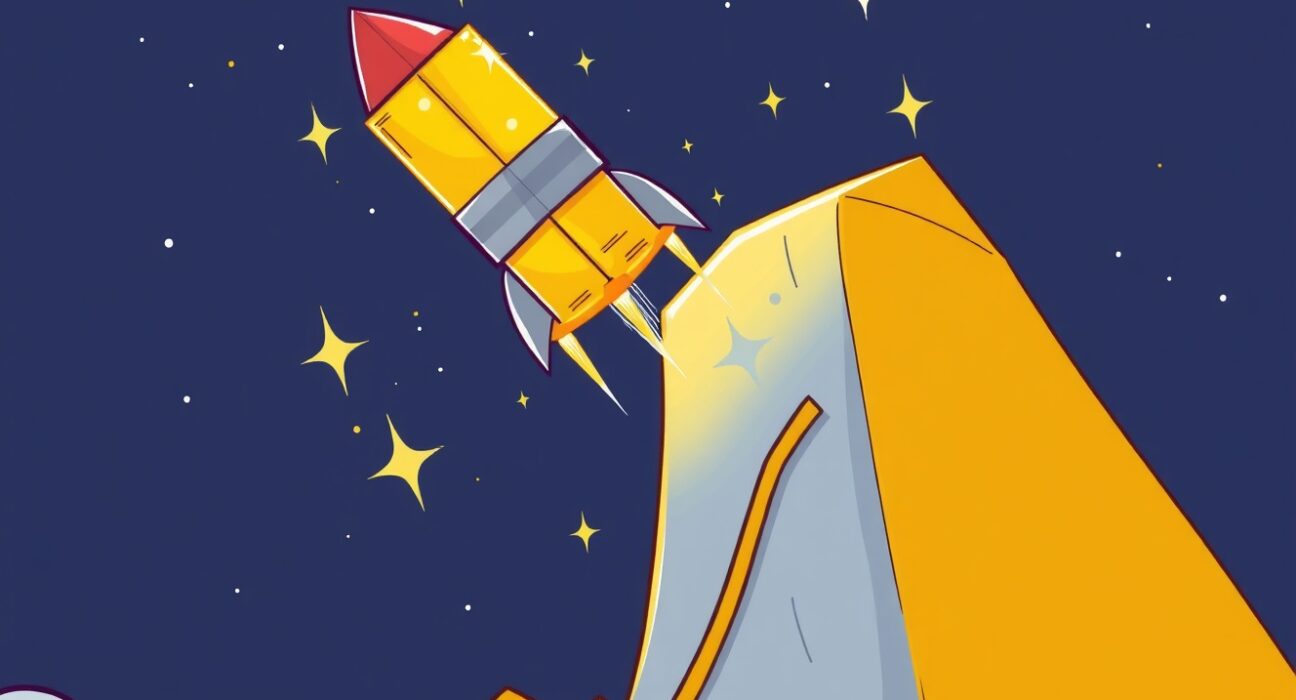 Spot gold achieving an all-time high, illustrated as a golden rocket bar soaring past milestone markers.