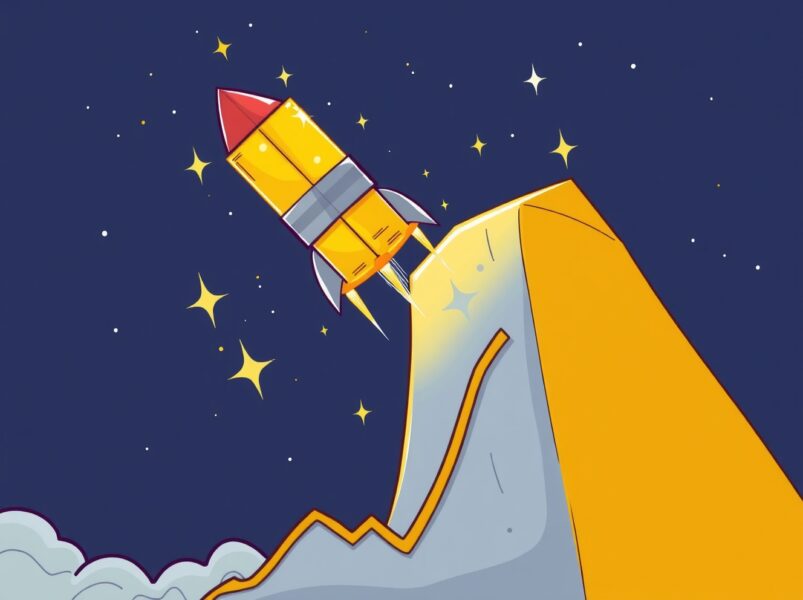 Spot gold achieving an all-time high, illustrated as a golden rocket bar soaring past milestone markers.