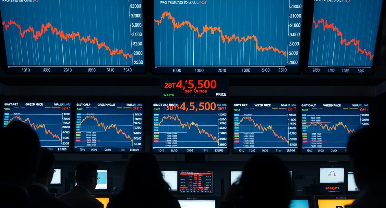 Trading floor screens show spot gold price falling below $4,500 per ounce in red