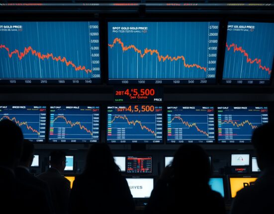 Trading floor screens show spot gold price falling below $4,500 per ounce in red