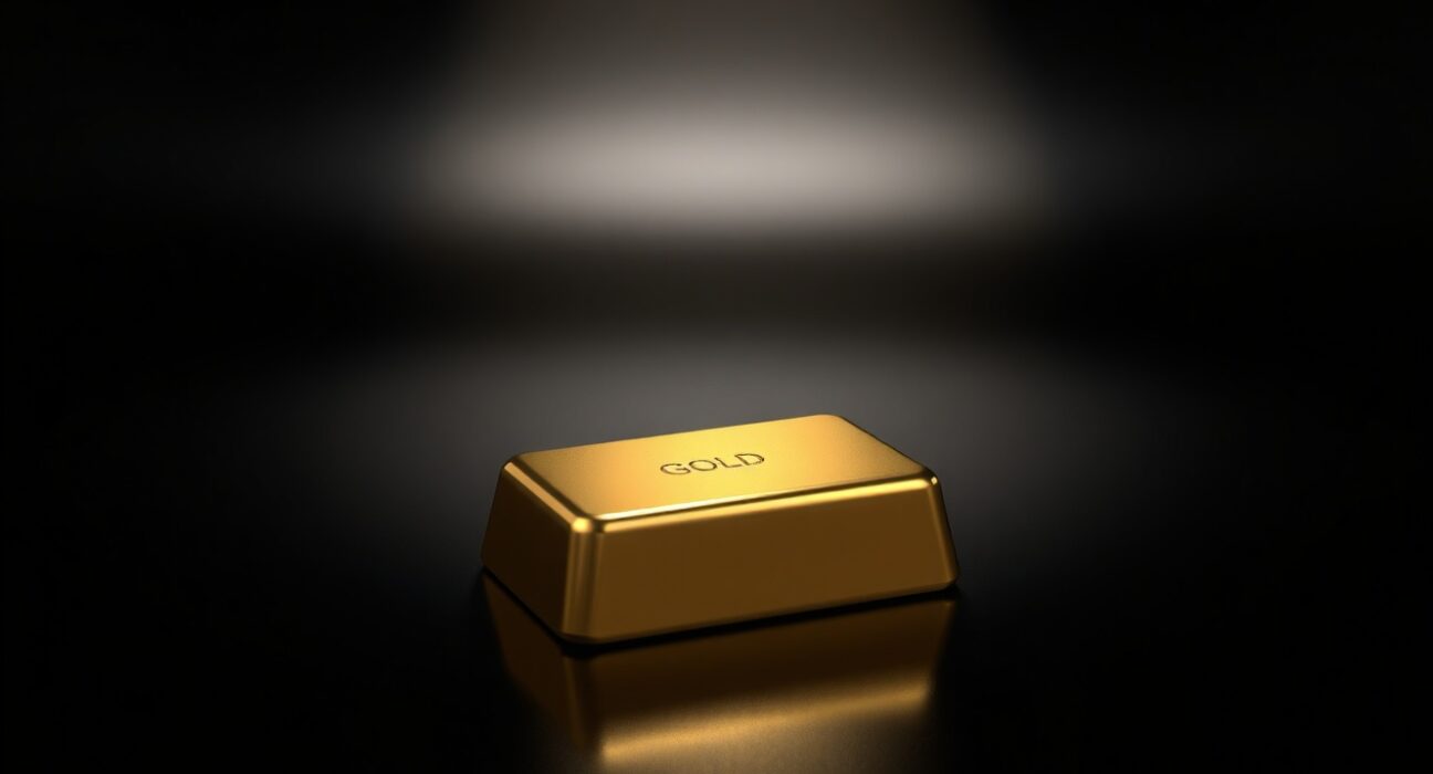 A polished gold bar on a dark surface, representing the spot gold price drop below $4,600 per ounce.