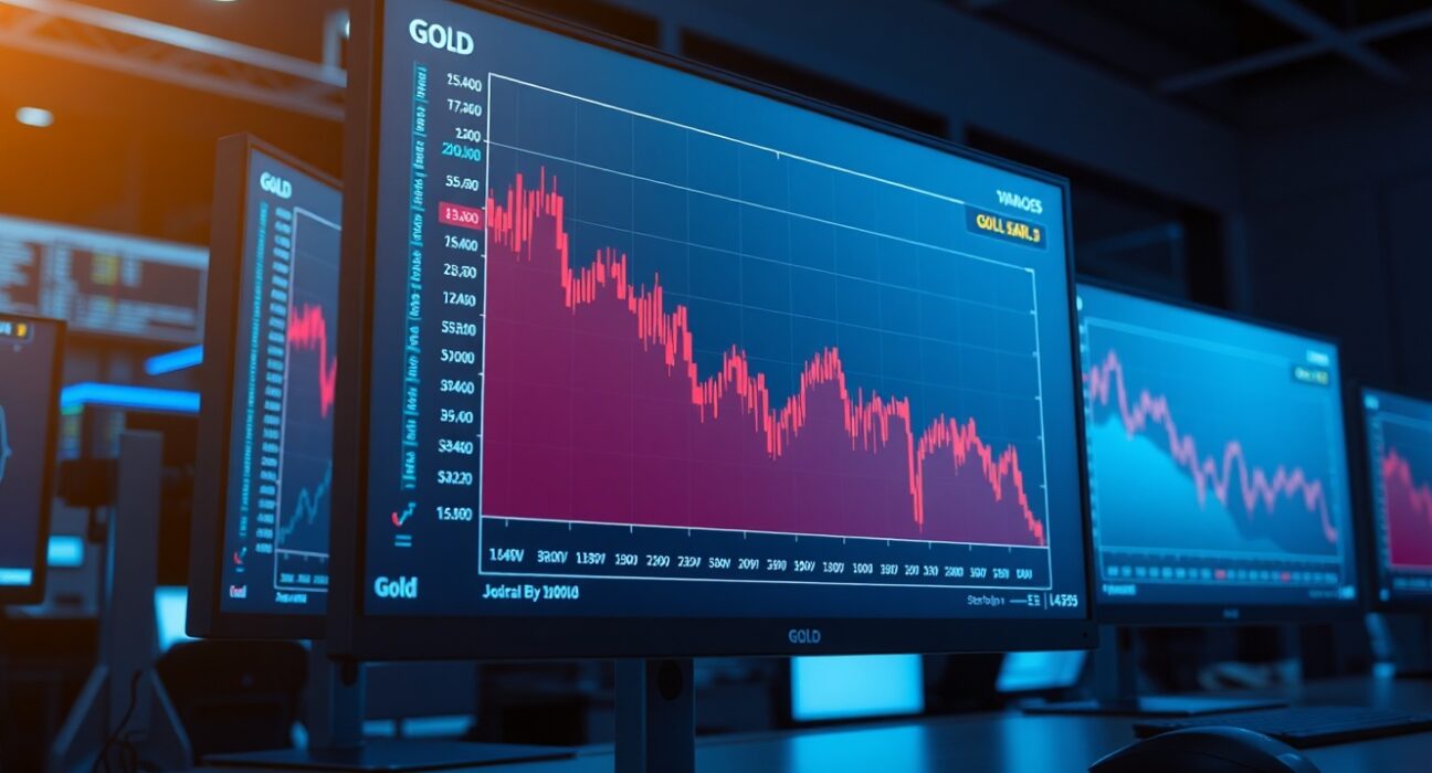 Trading desk monitors showing gold price decline with red candlestick chart