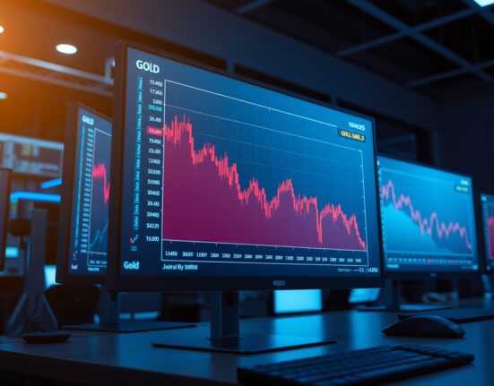 Trading desk monitors showing gold price decline with red candlestick chart