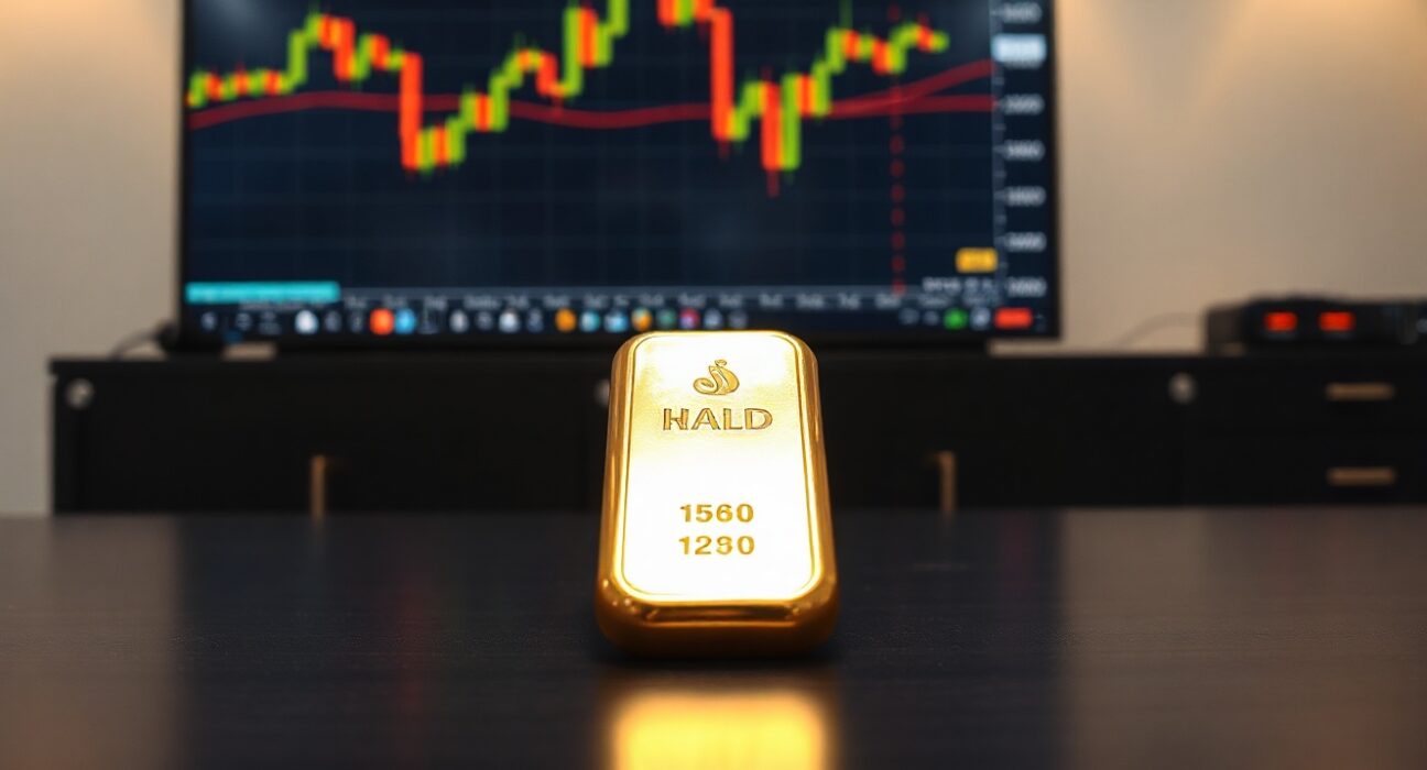 Close-up of a gold bar on a desk with a computer monitor showing a declining price chart in the background.