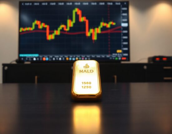 Close-up of a gold bar on a desk with a computer monitor showing a declining price chart in the background.