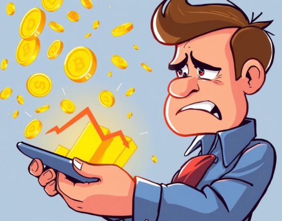 Spot gold price decline shown through cartoon investor analyzing falling gold market trends