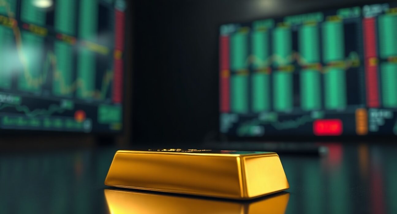 Close-up of a gold bar on a reflective surface with blurred trading screens in the background.