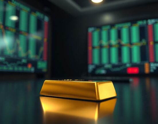 Close-up of a gold bar on a reflective surface with blurred trading screens in the background.