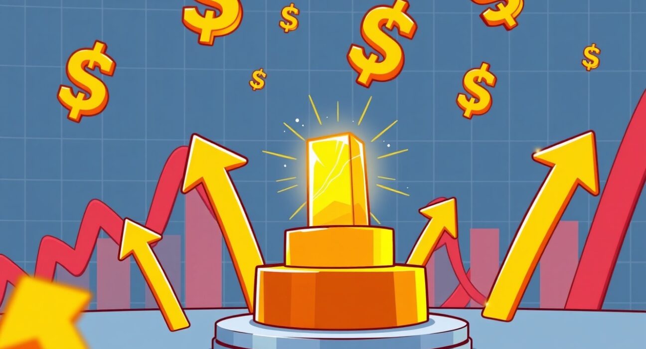 Spot gold price reaching new highs as golden bar shines with upward trend indicators