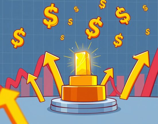 Spot gold price reaching new highs as golden bar shines with upward trend indicators