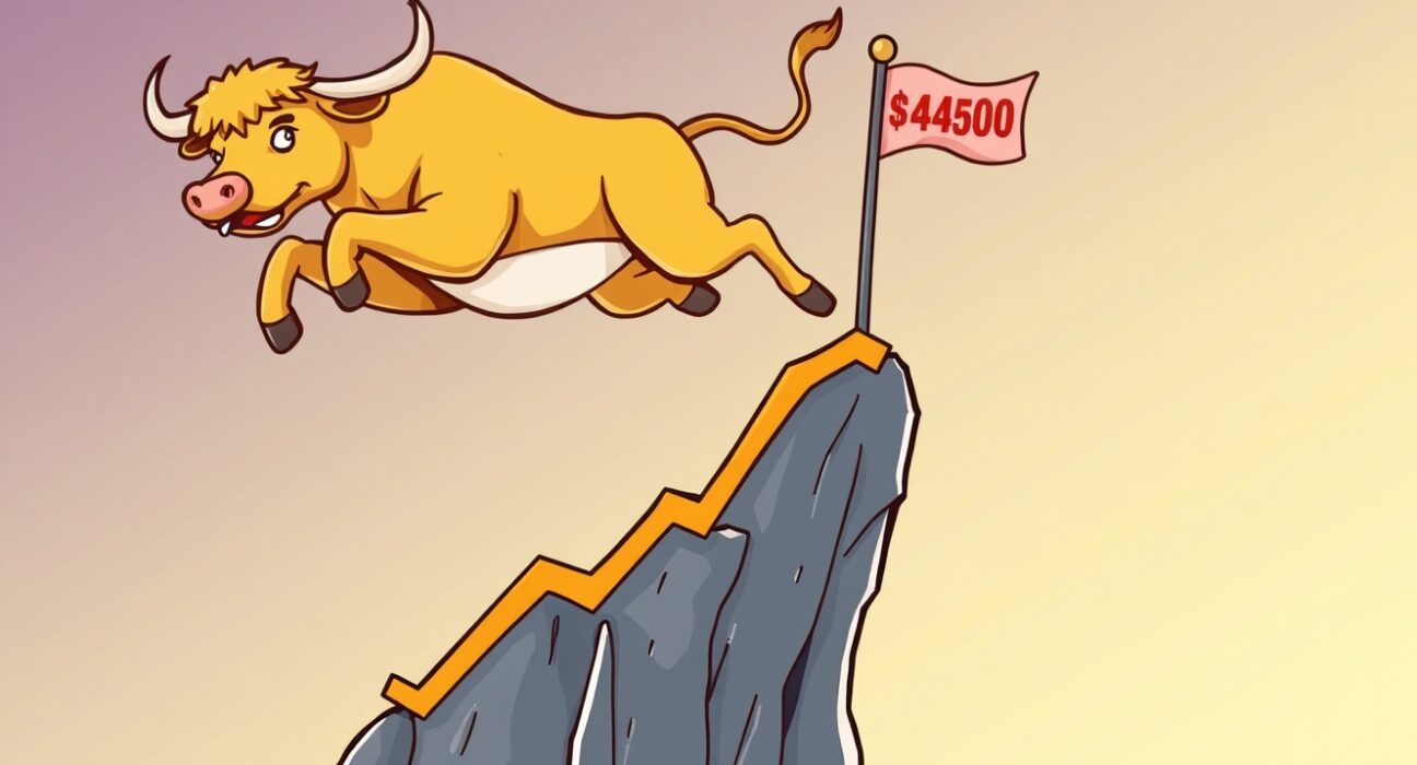 A triumphant cartoon bull leaps over a chart, symbolizing the record-breaking spot gold price surge.