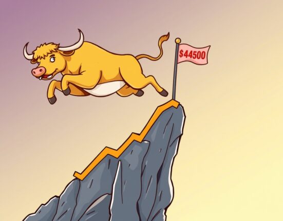 A triumphant cartoon bull leaps over a chart, symbolizing the record-breaking spot gold price surge.