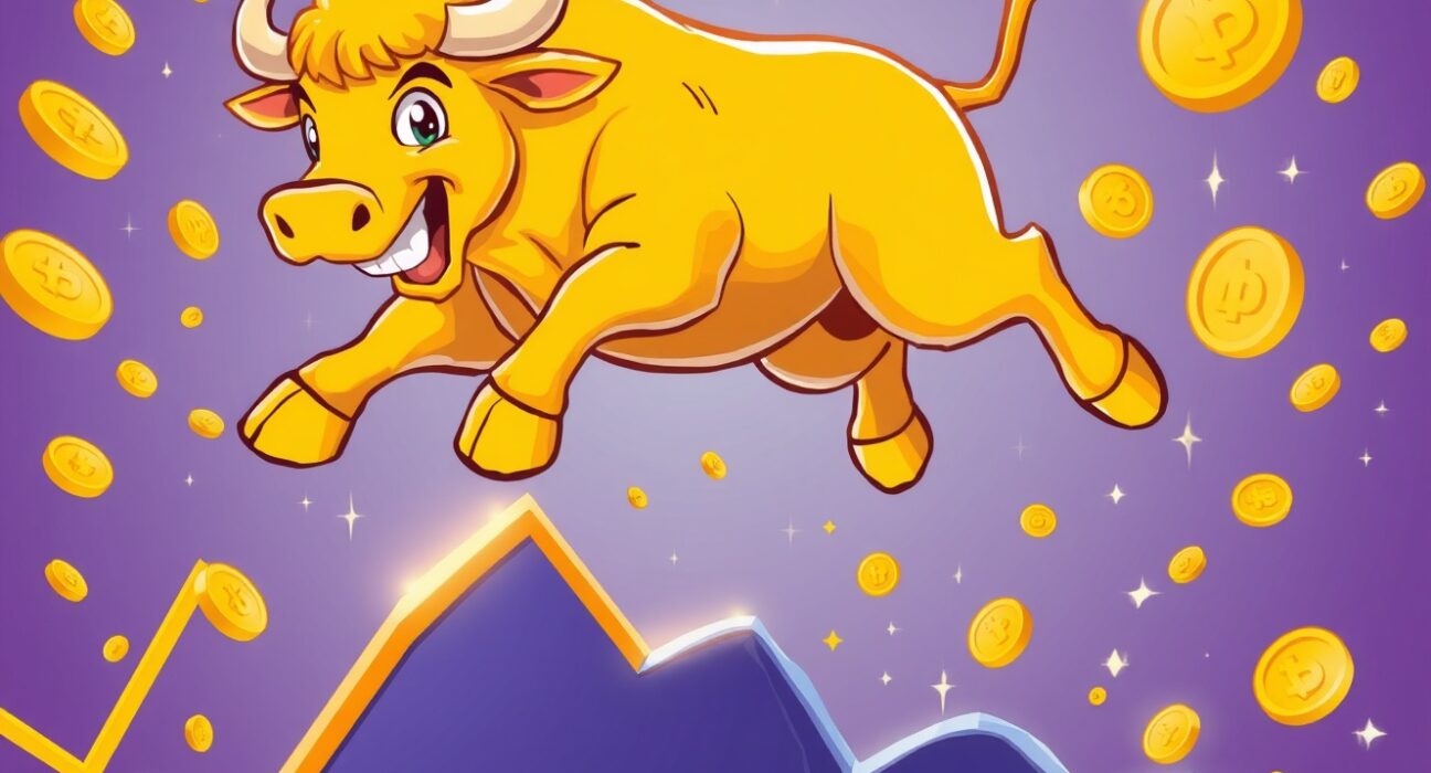 Spot gold bull jumping over rising price chart with golden coins