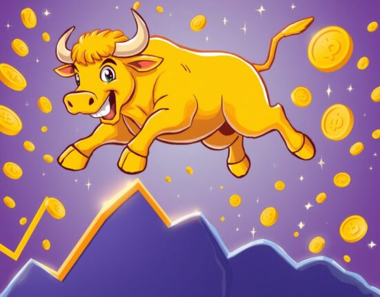 Spot gold bull jumping over rising price chart with golden coins